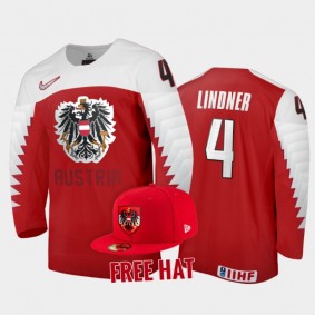 Austria Hockey Lorenz Lindner 2022 IIHF World Junior Championship Red #4 Jersey Free Hat
