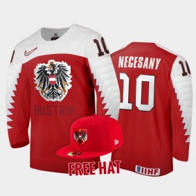 Austria Hockey Lukas Necesany 2022 IIHF World Junior Championship Red #10 Jersey Free Hat