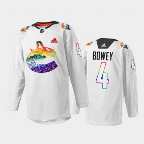 Madison Bowey Vancouver Canucks Pride Night Jersey White #4 Mio Artwork Warmup