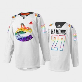 Travis Hamonic Vancouver Canucks Pride Night Jersey White #27 Mio Artwork Warmup