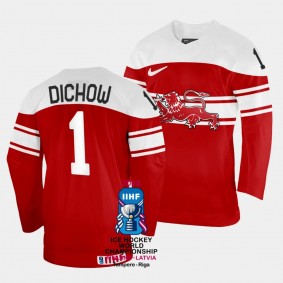 Denmark #1 Frederik Dichow 2023 IIHF World Championship Away Jersey Red