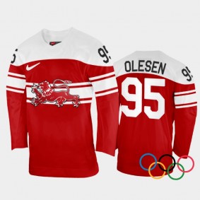 Denmark Hockey Nick Olesen 2022 Winter Olympics Red #95 Jersey Away