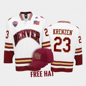 Denver Pioneers Lane Krenzen #23 College Hockey White Free Hat Jersey 2022