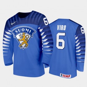 Men Finland Team 2021 IIHF World Junior Championship Eemil Viro #6 Away Blue Jersey