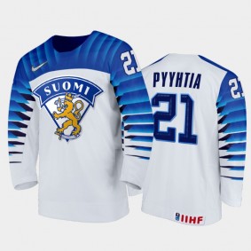 Men Finland Team 2021 IIHF World Junior Championship Mikael Pyyhtia #21 Home White Jersey