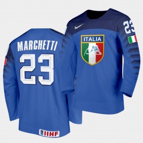Italy Team Stefano Marchetti 2021 IIHF World Championship #23 Away Blue Jersey