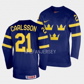 Sweden 2023 IIHF World Junior Championship Leo Carlsson #21 Navy Jersey Away