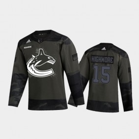 Men's Vancouver Canucks Matthew Highmore #15 2021 Armed Forces Night Camo Warm-Up Jersey