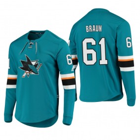 Sharks Justin Braun #61 Adidas Platinum Long Sleeve 2018-19 Cheap Jersey T-Shirt Teal