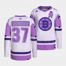 Hockey Fights Cancer Patrice Bergeron Boston Bruins White Purple #37 Primegreen Jersey 2022