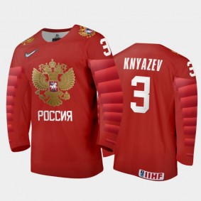Men Russia Team 2021 IIHF World Junior Championship Artemi Knyazev #3 Away Red Jersey