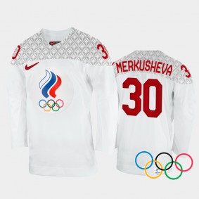 Russia Women's Hockey Valeria Merkusheva 2022 Winter Olympics White #30 Jersey Away