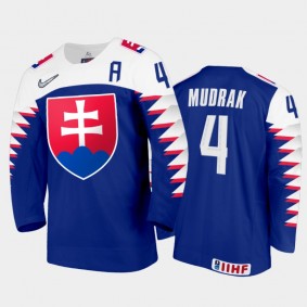 Men Slovakia Team 2021 IIHF World Junior Championship David Mudrak #4 Away Blue Jersey