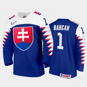 Men Slovakia Team 2021 IIHF World Junior Championship Eugen Rabcan #1 Away Blue Jersey