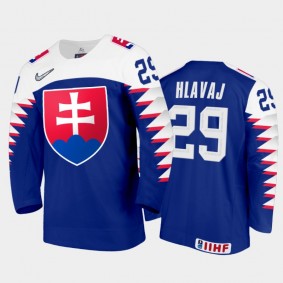 Men Slovakia Team 2021 IIHF World Junior Championship Samuel Hlavaj #29 Away Blue Jersey