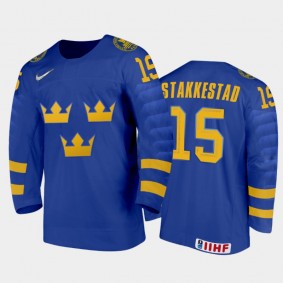 Sweden Hockey Ake Stakkestad 2022 IIHF World Junior Championship Away Jersey Blue