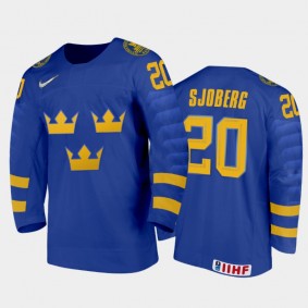 Sweden Hockey Albert Sjoberg 2022 IIHF World Junior Championship Away Jersey Blue