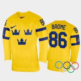 Sweden Hockey Mathias Brome 2022 Winter Olympics Yellow #86 Jersey Home