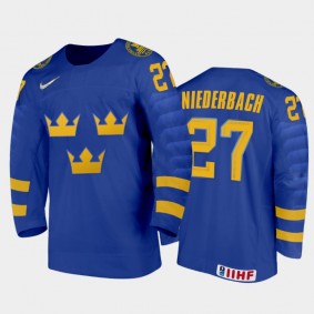 Sweden Hockey Theodor Niederbach 2022 IIHF World Junior Championship Away Jersey Blue