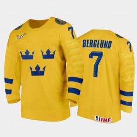 Men Sweden Team 2021 IIHF World Junior Championship Gustav Berglund #7 Home Gold Jersey