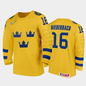 Men Sweden Team 2021 IIHF World Junior Championship Theodor Niederbach #16 Home Gold Jersey