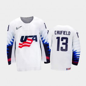 Men USA Team 2021 IIHF World Junior Championship Cole Caufield #13 Home White Jersey
